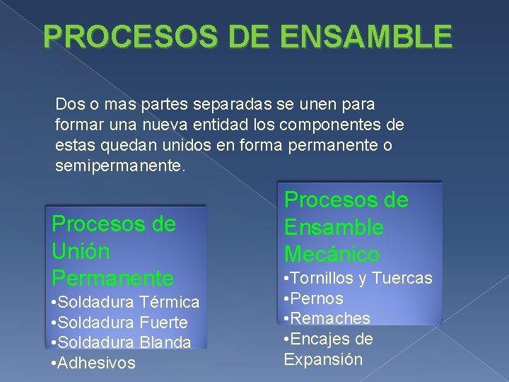 PROCESOS DE ENSAMBLE Dos o mas partes separadas se unen para formar una nueva