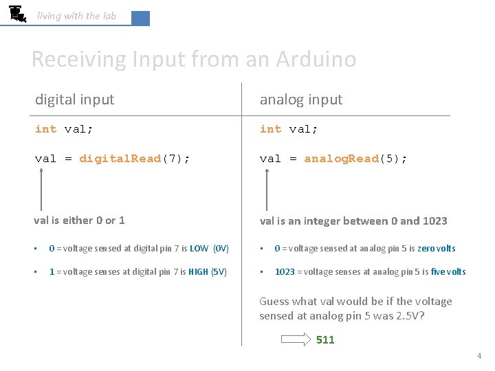 living with the lab Receiving Input from an Arduino digital input analog input int