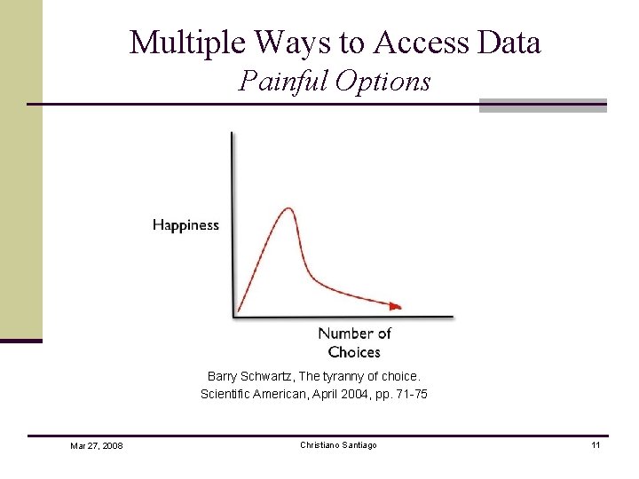 Multiple Ways to Access Data Painful Options Barry Schwartz, The tyranny of choice. Scientific