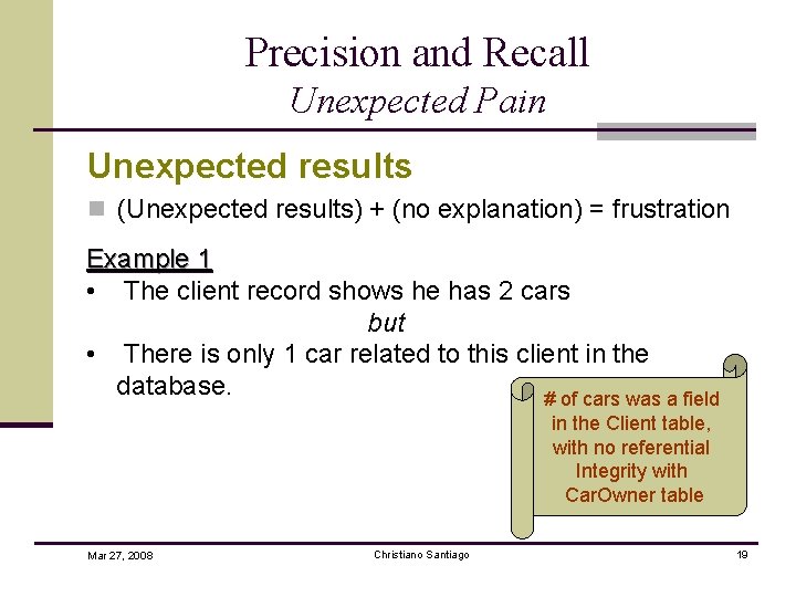 Precision and Recall Unexpected Pain Unexpected results n (Unexpected results) + (no explanation) =
