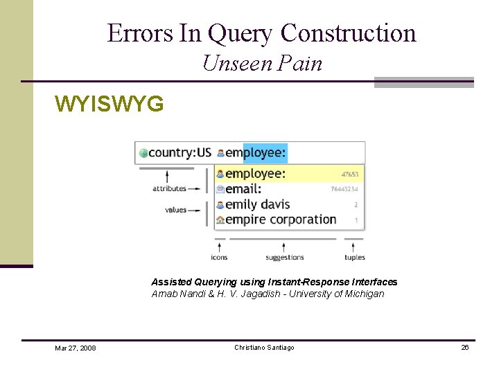 Errors In Query Construction Unseen Pain WYISWYG Assisted Querying using Instant-Response Interfaces Arnab Nandi