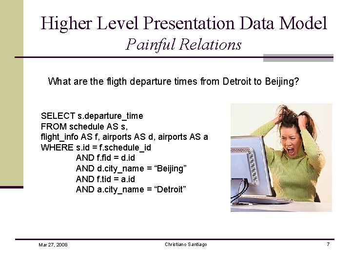 Higher Level Presentation Data Model Painful Relations What are the fligth departure times from