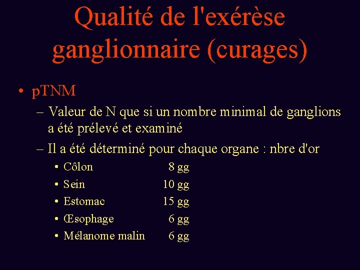 Qualité de l'exérèse ganglionnaire (curages) • p. TNM – Valeur de N que si