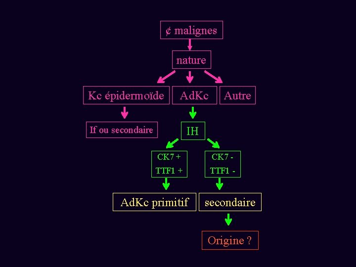 ¢ malignes nature Kc épidermoïde Ad. Kc If ou secondaire Autre IH CK 7