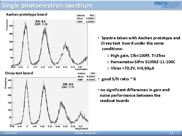 Single photoelectron spectrum Aachen prototype board • Spectra taken with Aachen prototype and Orsay