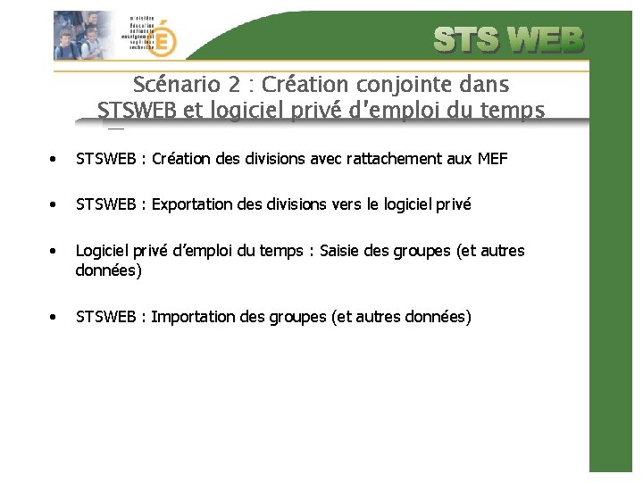 Scénario 2 : Création conjointe dans STSWEB et logiciel privé d’emploi du temps •