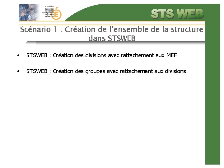 Scénario 1 : Création de l’ensemble de la structure dans STSWEB • STSWEB :