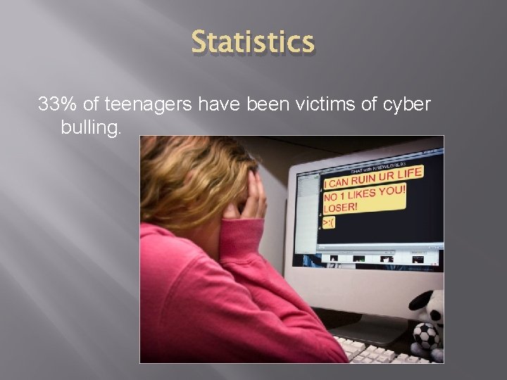 Statistics 33% of teenagers have been victims of cyber bulling. 
