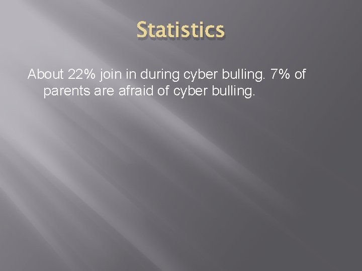 Statistics About 22% join in during cyber bulling. 7% of parents are afraid of