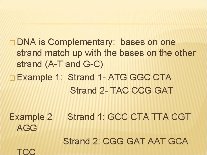 � DNA is Complementary: bases on one strand match up with the bases on