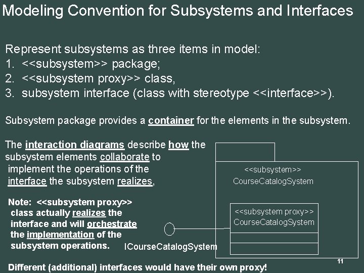 Modeling Convention for Subsystems and Interfaces Represent subsystems as three items in model: 1.