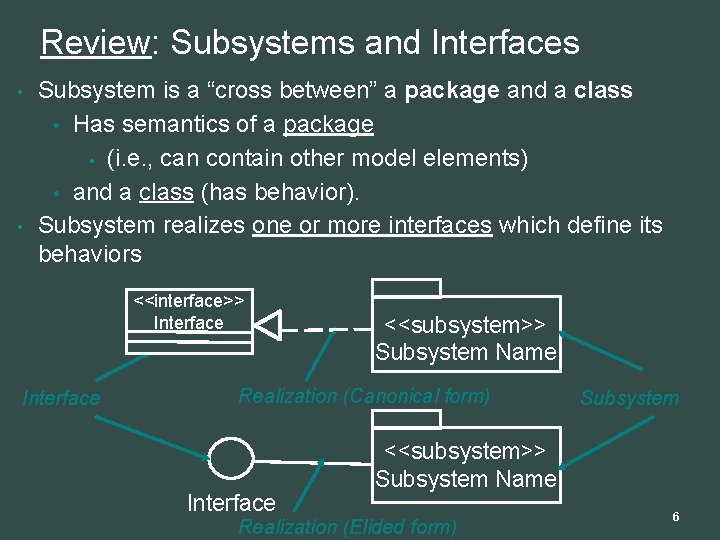 Review: Subsystems and Interfaces • • Subsystem is a “cross between” a package and