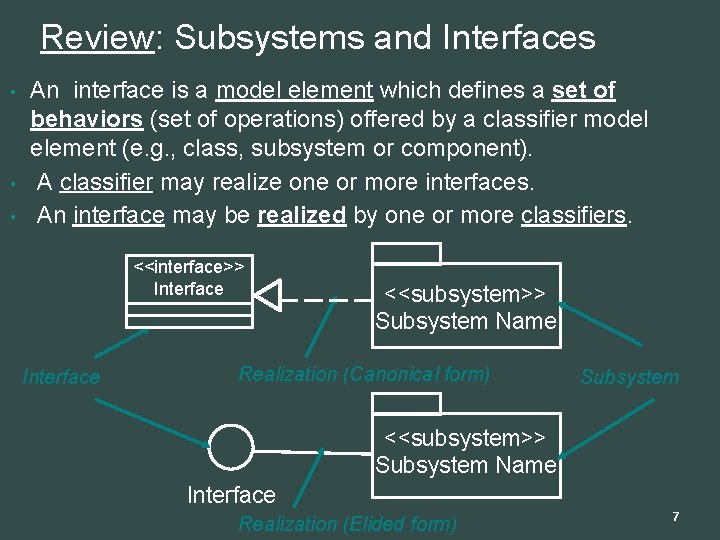 Review: Subsystems and Interfaces • • • An interface is a model element which