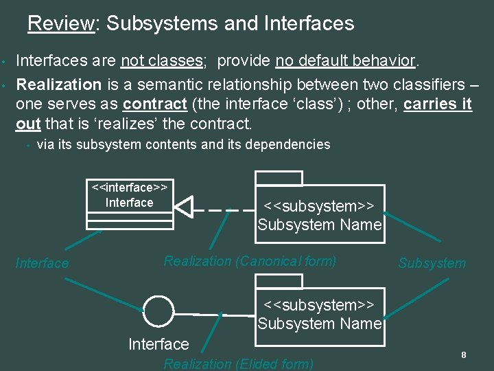 Review: Subsystems and Interfaces • • Interfaces are not classes; provide no default behavior.