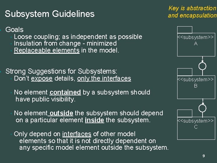  • • Subsystem Guidelines Key is abstraction and encapsulation Goals • Loose coupling;