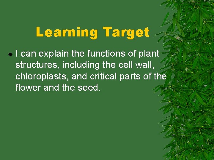 Learning Target I can explain the functions of plant structures, including the cell wall,