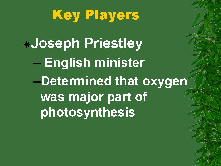 Key Players Joseph Priestley – English minister –Determined that oxygen was major part of