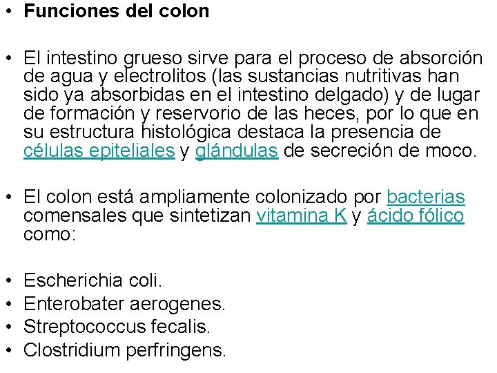  • Funciones del colon • El intestino grueso sirve para el proceso de