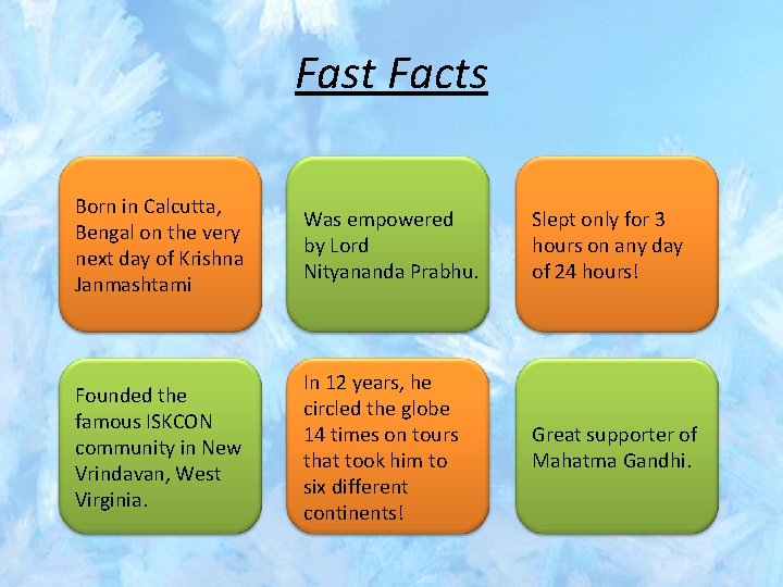 Fast Facts Born in Calcutta, Bengal on the very next day of Krishna Janmashtami
