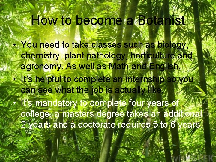 How to become a Botanist • You need to take classes such as biology,