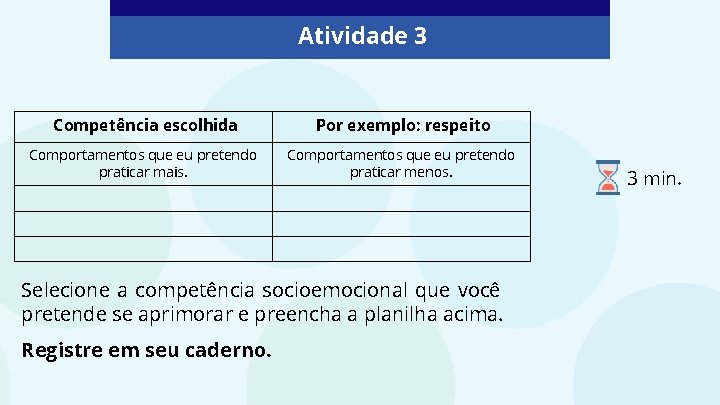 Atividade 3 Competência escolhida Por exemplo: respeito Comportamentos que eu pretendo praticar mais. Comportamentos