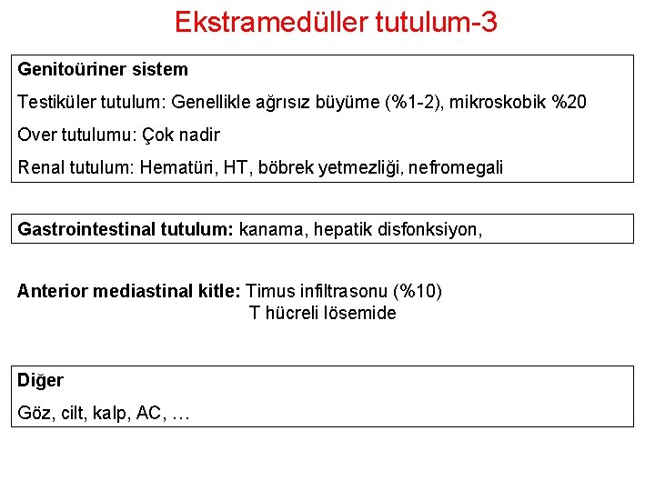 Ekstramedüller tutulum-3 Genitoüriner sistem Testiküler tutulum: Genellikle ağrısız büyüme (%1 -2), mikroskobik %20 Over