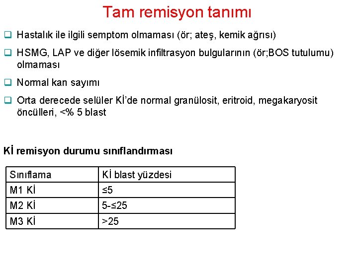 Tam remisyon tanımı q Hastalık ile ilgili semptom olmaması (ör; ateş, kemik ağrısı) q