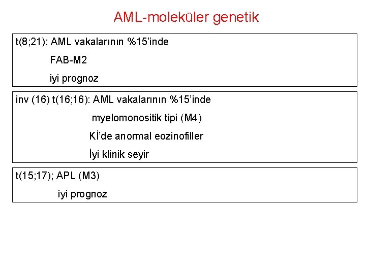 AML-moleküler genetik t(8; 21): AML vakalarının %15’inde FAB-M 2 iyi prognoz inv (16) t(16;