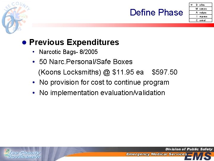  D Define Phase l Previous Expenditures • Narcotic Bags- 8/2005 • 50 Narc.