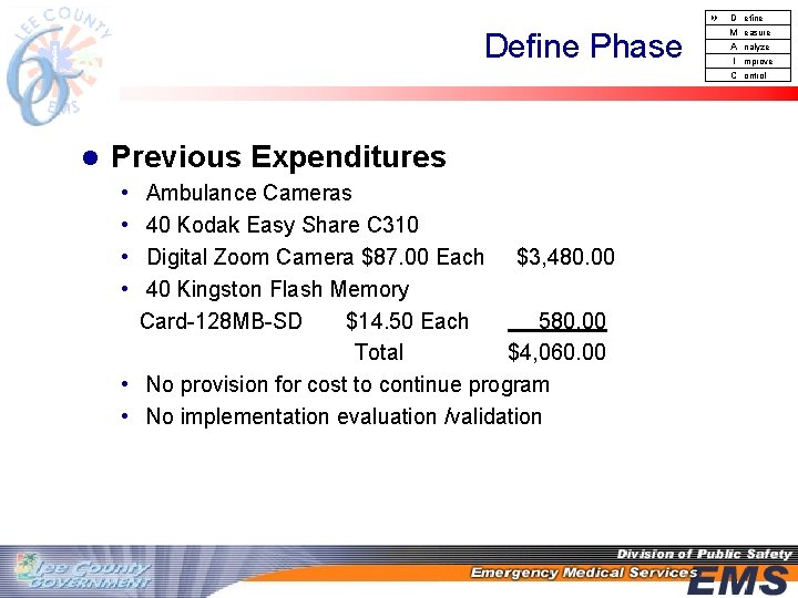  D Define Phase l Previous Expenditures • • Ambulance Cameras 40 Kodak Easy