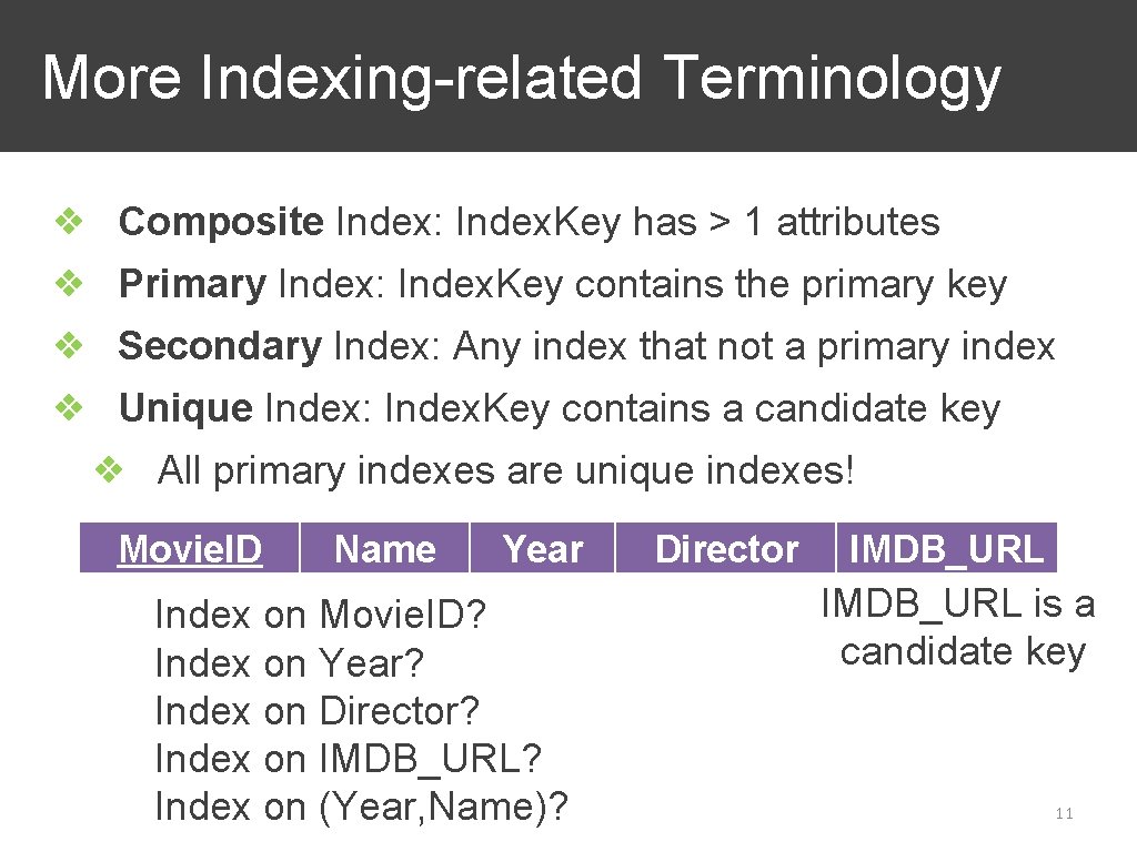 More Indexing-related Terminology ❖ Composite Index: Index. Key has > 1 attributes ❖ Primary