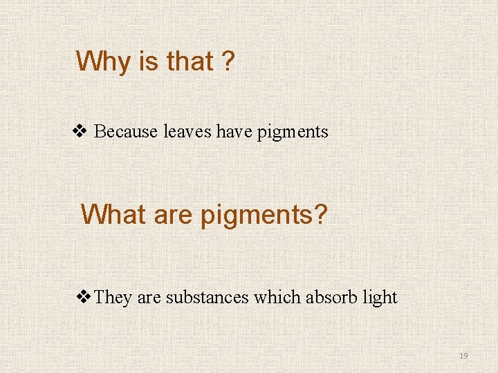 Why is that ? v Because leaves have pigments What are pigments? v. They