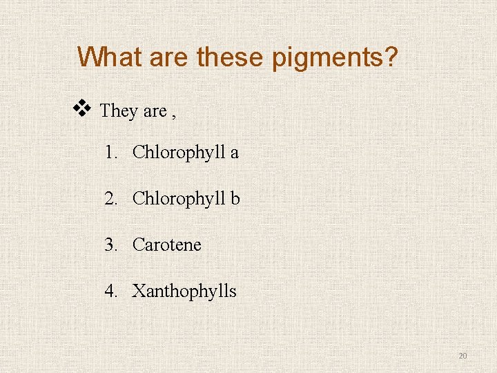 What are these pigments? v They are , 1. Chlorophyll a 2. Chlorophyll b