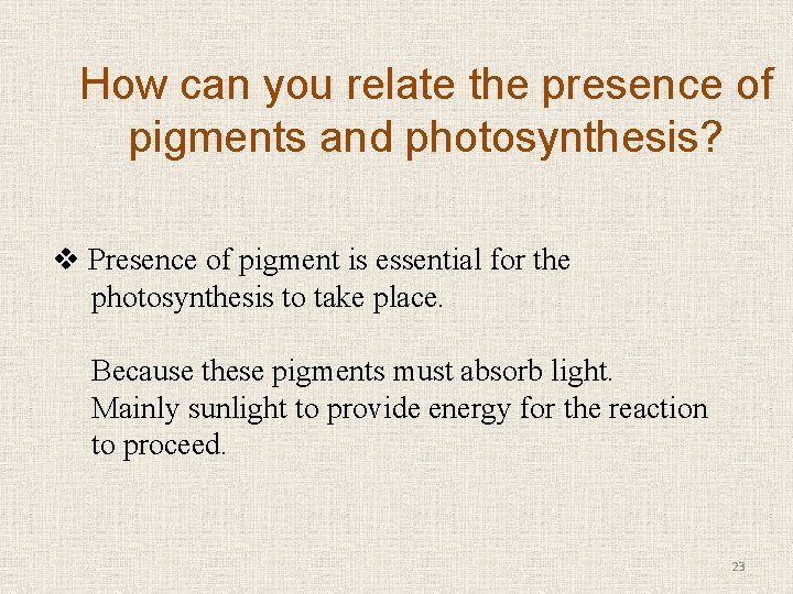 How can you relate the presence of pigments and photosynthesis? v Presence of pigment