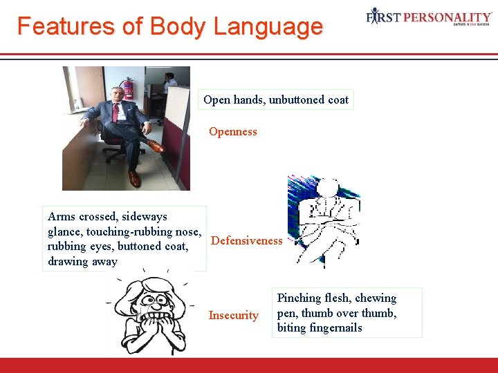 Features of Body Language Open hands, unbuttoned coat Openness Arms crossed, sideways glance, touching-rubbing