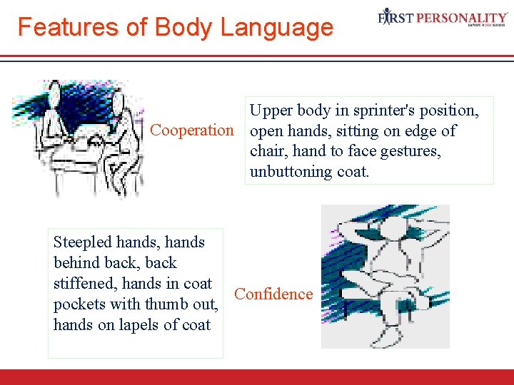 Features of Body Language Upper body in sprinter's position, Cooperation open hands, sitting on
