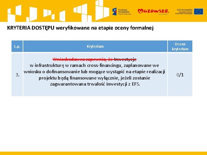 KRYTERIA DOSTĘPU weryfikowane na etapie oceny formalnej L. p. Kryterium Wnioskodawca zapewnia, że Inwestycje