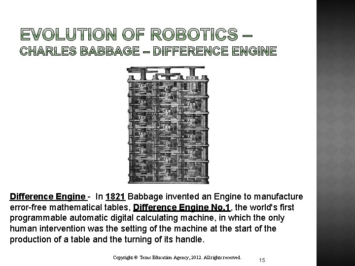 Difference Engine - In 1821 Babbage invented an Engine to manufacture error-free mathematical tables,