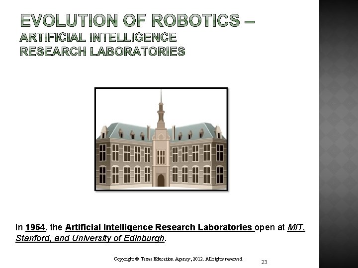 In 1964, the Artificial Intelligence Research Laboratories open at MIT, Stanford, and University of