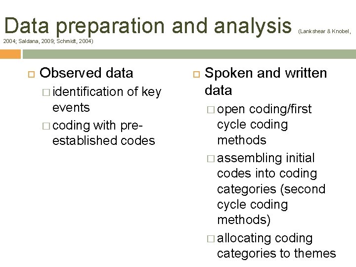 Data preparation and analysis (Lankshear & Knobel, 2004; Saldana, 2009; Schmidt, 2004) Observed data