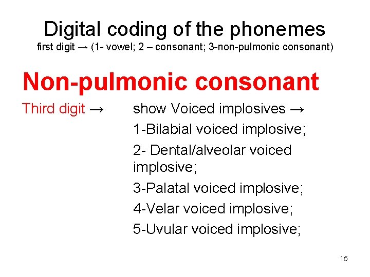 Digital coding of the phonemes first digit → (1 - vowel; 2 – consonant;