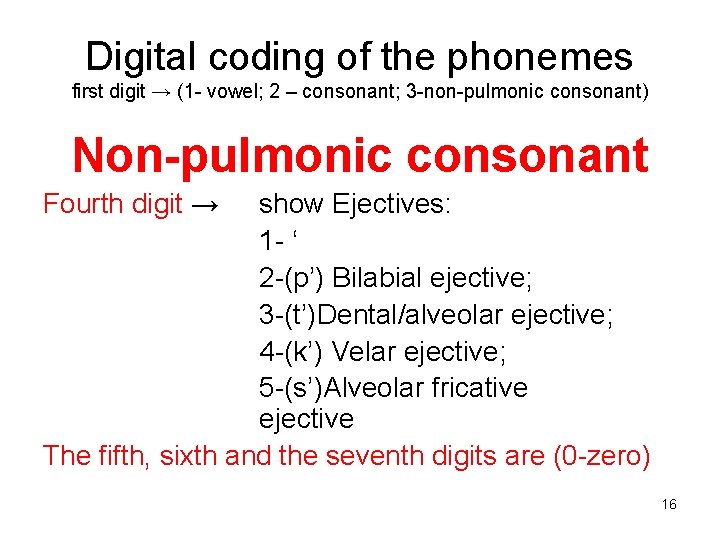 Digital coding of the phonemes first digit → (1 - vowel; 2 – consonant;