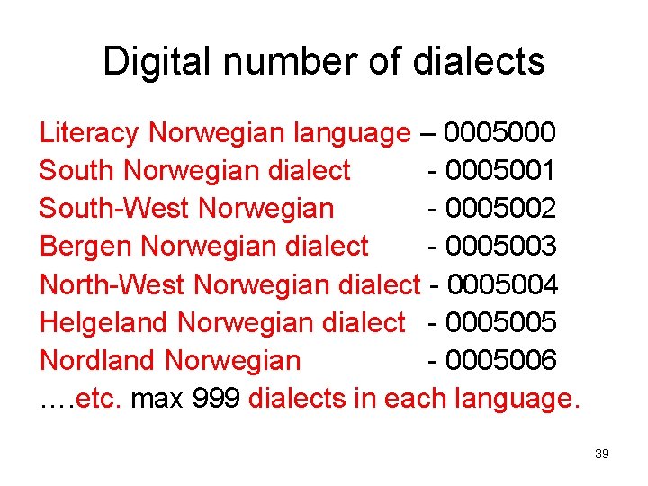 Digital number of dialects Literacy Norwegian language – 0005000 South Norwegian dialect - 0005001