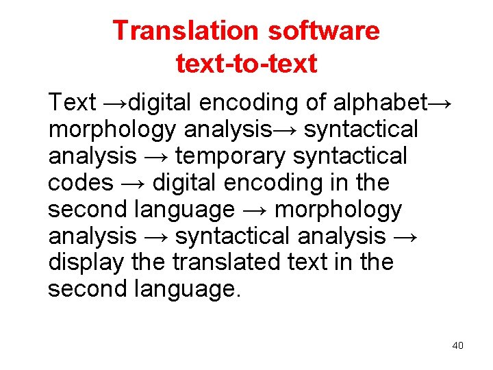 Translation software text-to-text Text →digital encoding of alphabet→ morphology analysis→ syntactical analysis → temporary