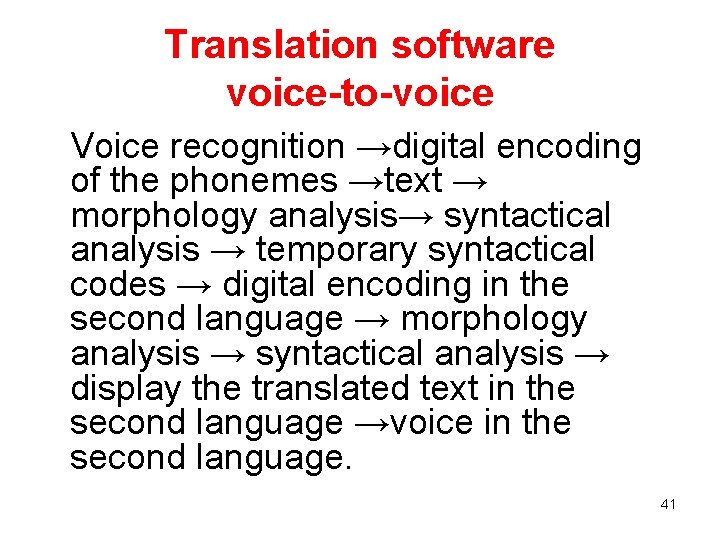 Translation software voice-to-voice Voice recognition →digital encoding of the phonemes →text → morphology analysis→