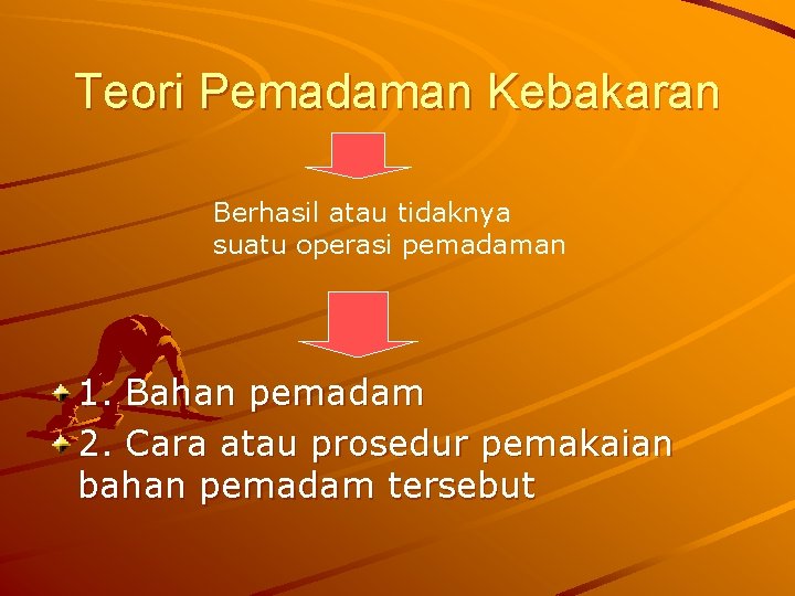 Teori Pemadaman Kebakaran Berhasil atau tidaknya suatu operasi pemadaman 1. Bahan pemadam 2. Cara