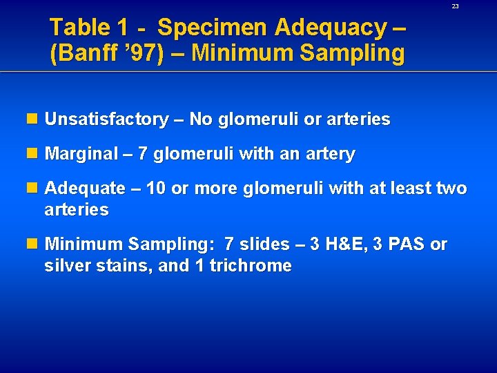 23 Table 1 - Specimen Adequacy – (Banff ’ 97) – Minimum Sampling n