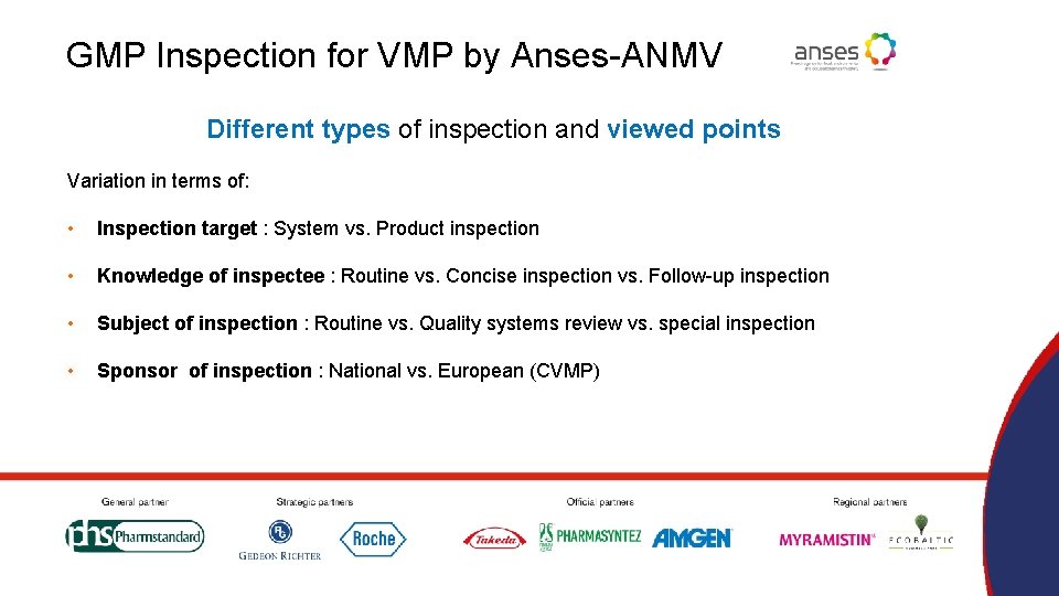 GMP Inspection for VMP by Anses-ANMV Different types of inspection and viewed points Variation