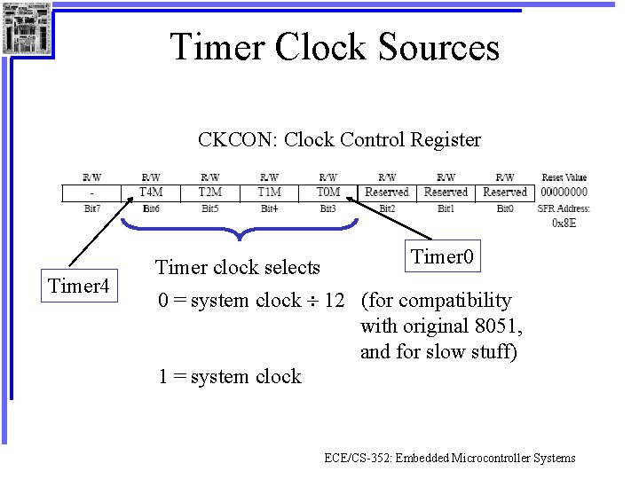 Timer Clock Sources CKCON: Clock Control Register Timer 4 Timer clock selects Timer 0