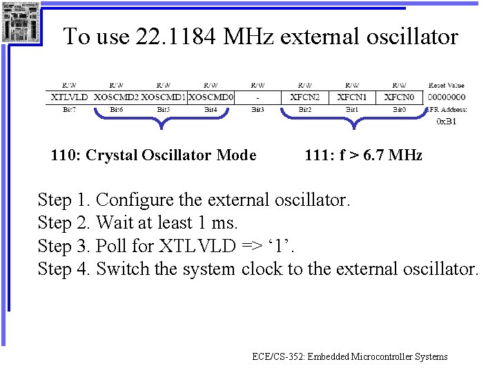 To use 22. 1184 MHz external oscillator 110: Crystal Oscillator Mode 111: f >